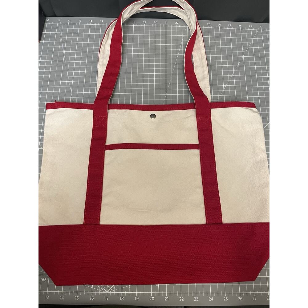 Boat And Tote Style Red White Color Block Large Canvas Bag Snap Closure